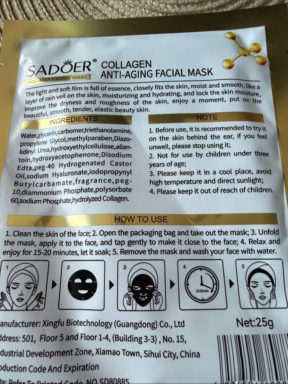 Sadoer Korean Skincare Collagen Anti-Aging Facial Mask – Gold/White - Picture 4 of 4